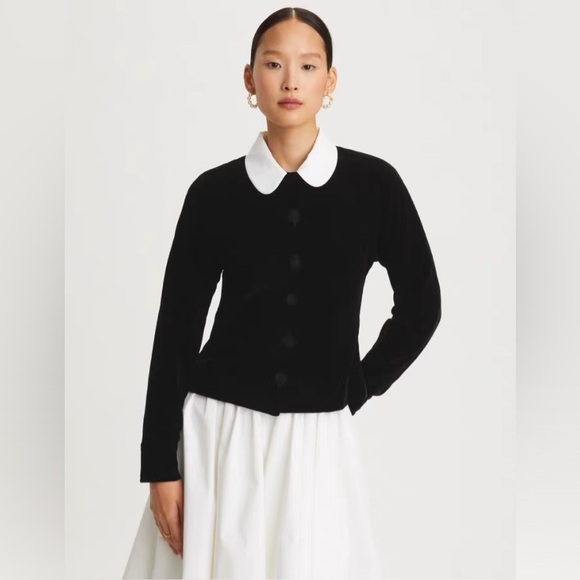 NWT $548 Tory Burch Round Collar Velvet Shirt In Black